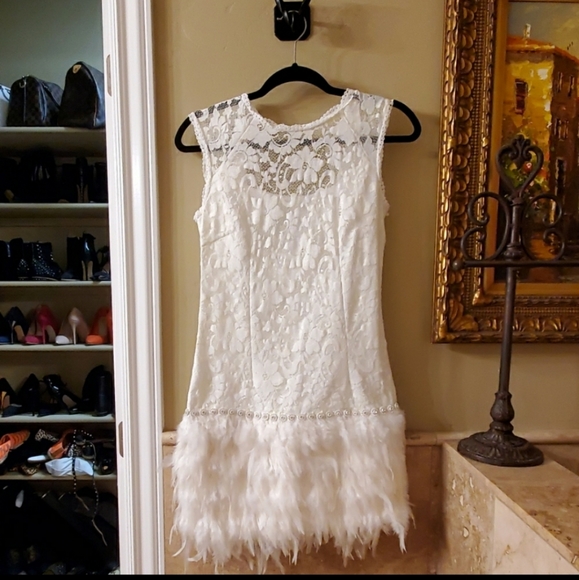 Anthropologie Dresses & Skirts - Lace and real feather mini dress size 0-2